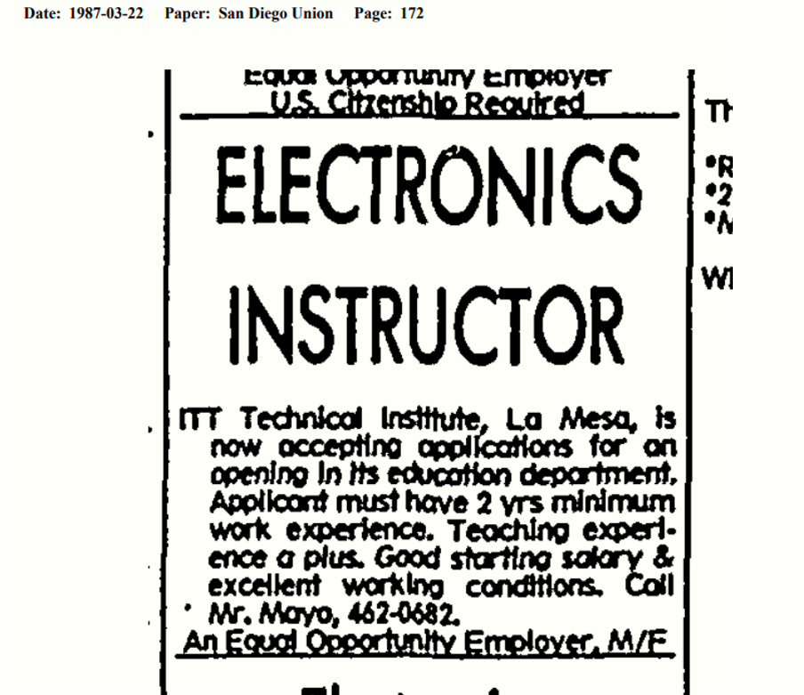 Electronics Instructor Ad ITT Technical Institute 1987