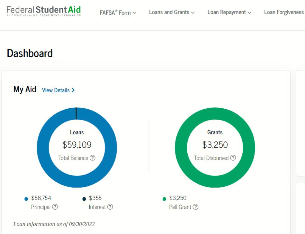 Dashboard on studentaid.gov